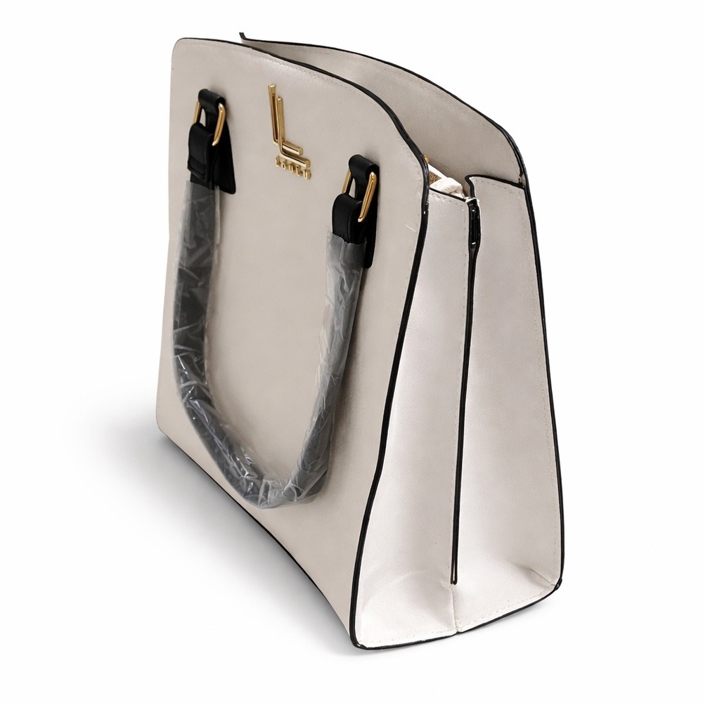 Loulu White Saffiano Faux Leather Top Handle Purse with Black Handles Gold Logo - Picture 4 of 11